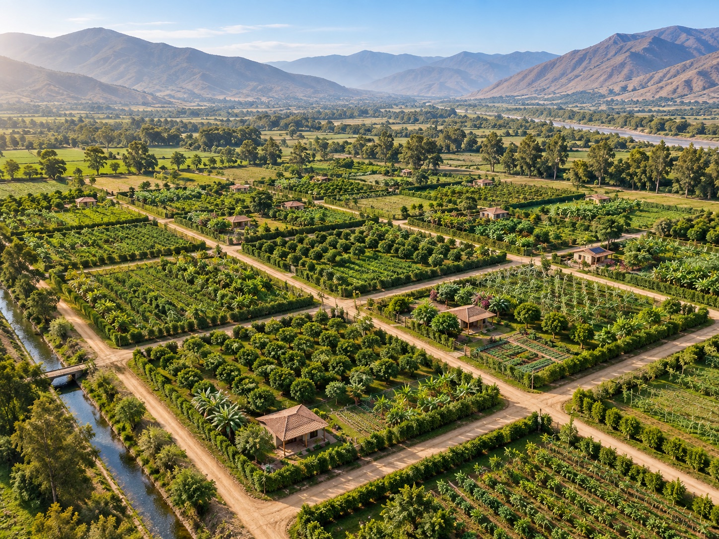 Vista aérea de lotes agrícolas organizados en el valle